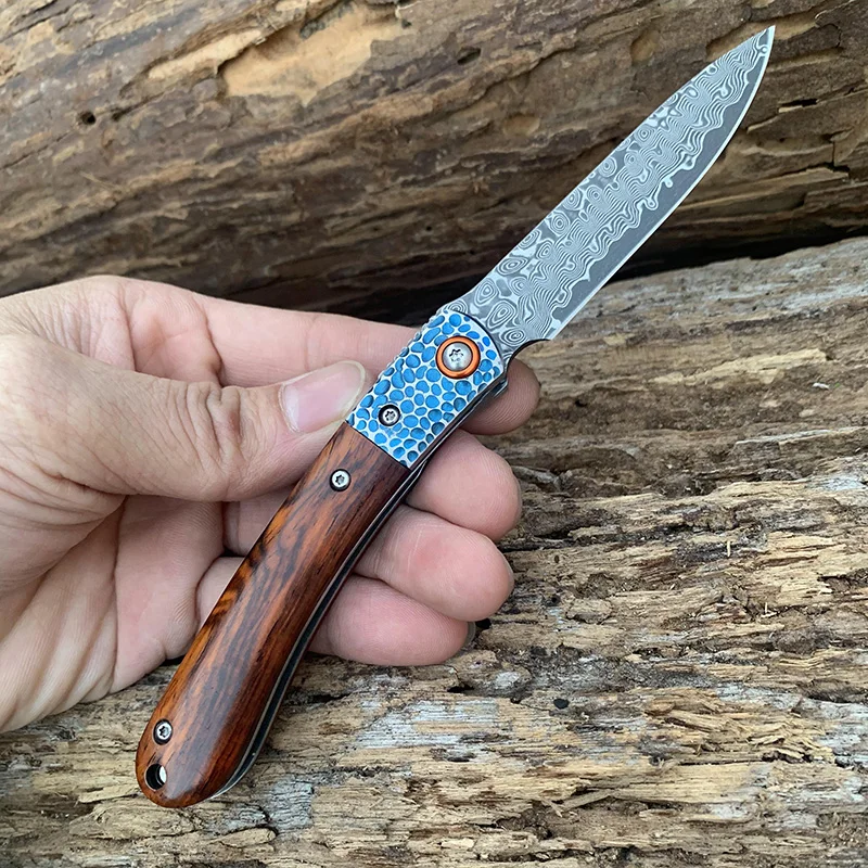 

SAMSEND handmade folding knife natural wood handle Damas blade, male and female outdoor EDC self-defense tool, boutique knife