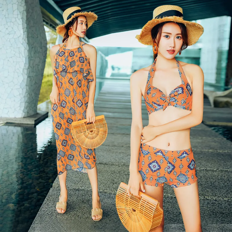 

2018 New Style Swimwear Female Boxer Bikini Split Type Swimwear Underwire Push up Small Bust Sexy Long Skirts Three-piece Set