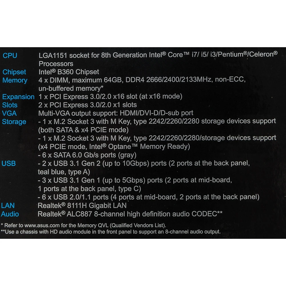 Материнская плата Asus PRIME B360M-A Soc-1151v2 Intel B360 4xDDR4 mATX AC`97 8ch(7.1) GbLAN+VGA+DVI