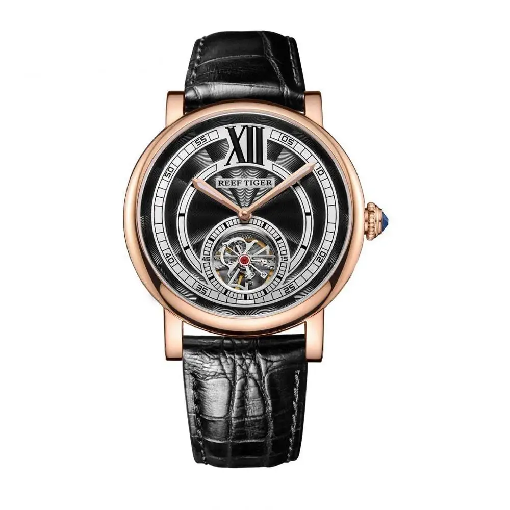 Reef Tiger/RT, роскошные Брендовые Часы, Reloj Mujer, мужские часы из розового золота, Tourbillon, автоматические часы с ремешком из натуральной кожи, мужские часы - Цвет: RGA192-PBB