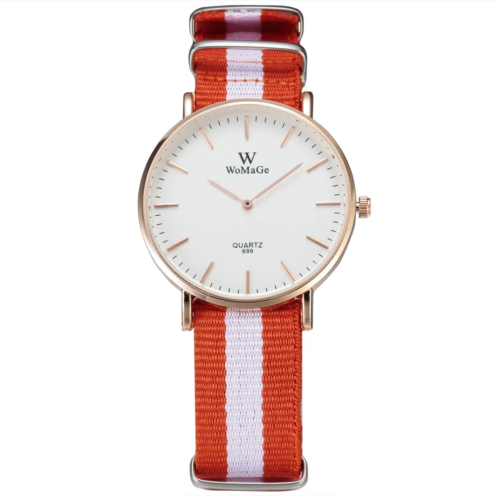 

Womage Fashion Casual Women Watches Simple Style Gold Case Nylon Strap Quartz Watches Women Men Unisex Wristwatch reloj mujer