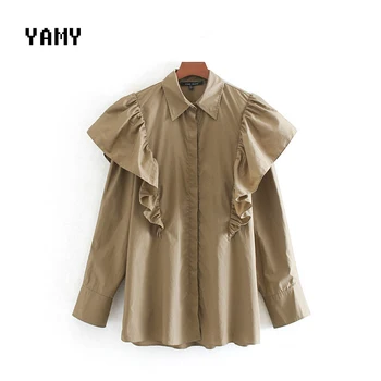 

New design Womens khaki Blouse Shirt long sleeve ruffles vintage Womens tops and blouses Female Winter zora Blouse Tops