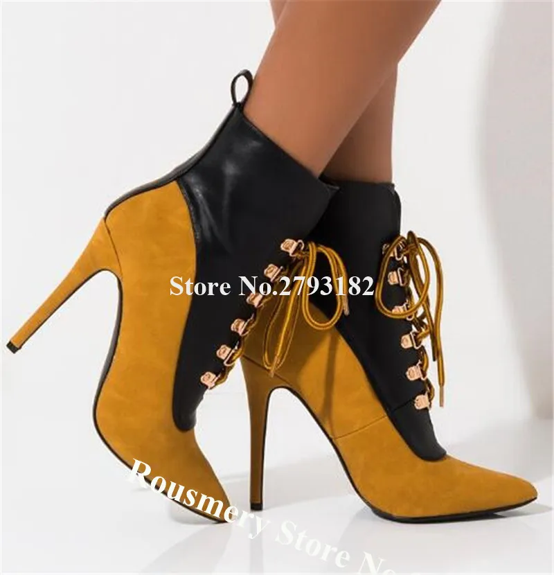

Western Fashion Style Pointed Toe Patchwork Stiletto Heel Gladiator Boots Lace-up High Heel Ankle Booties Motorcycle Boots