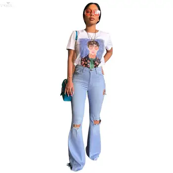 

Autumn Bodycon Flare Pants Ripped Jeans Women Elastic High Waist Wide Leg Pants Retro White Jeans Bell Bottom Pants Jeans Female