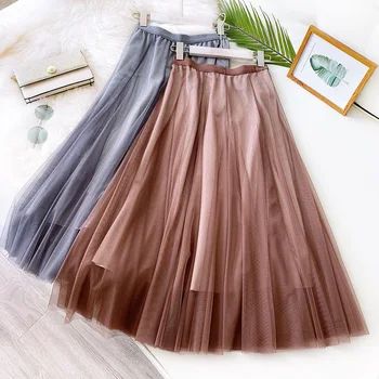

Elegant Solid Simple Skirts 2020 New Summer Slim Shiny Women's Tulle Skirts High Waist Korean Big Swing Pleated tutu Skirts
