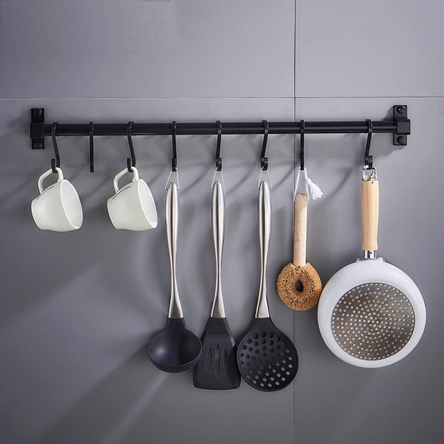 Wall Mounted Kitchen Utensil Rack, Twin Pole Pots and Pans Hanging holrd,  Stainless Steel Cooking Utensil Hanger with Hooks, for Kitchen Shelf