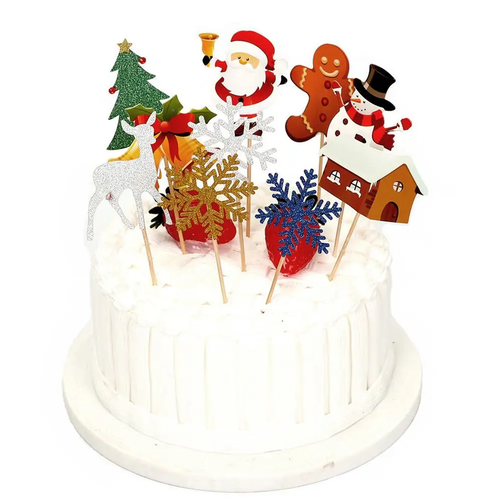 

10Pcs Wedding Birthday Cake Topper Decor Christmas Tree Santa Deer Bell Snowflake Cake Topper Cupcake Ornament Xmas Decor