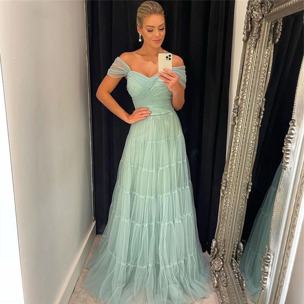 2021 Sweetheart Mint Green Long Tiered Short Sleeves Prom Dresses Pleat Tulle Formal Party A line For Women Wedding Custom Made formal gowns