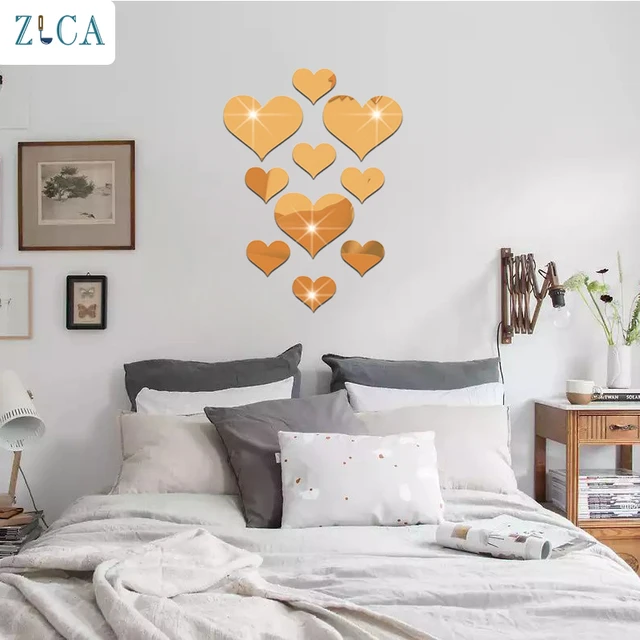 ZLCA 10PCS 3D Wall Sticker Mirror Gold Silver Love Hearts Art Party DIY  Home Room Decor