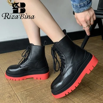 

RIZABINA Real Leather Women Ankle Boots Flats Mixed Color Lace Up Shoes Round Toe Winter Warm Boots Fashion Footwear Size 34-39