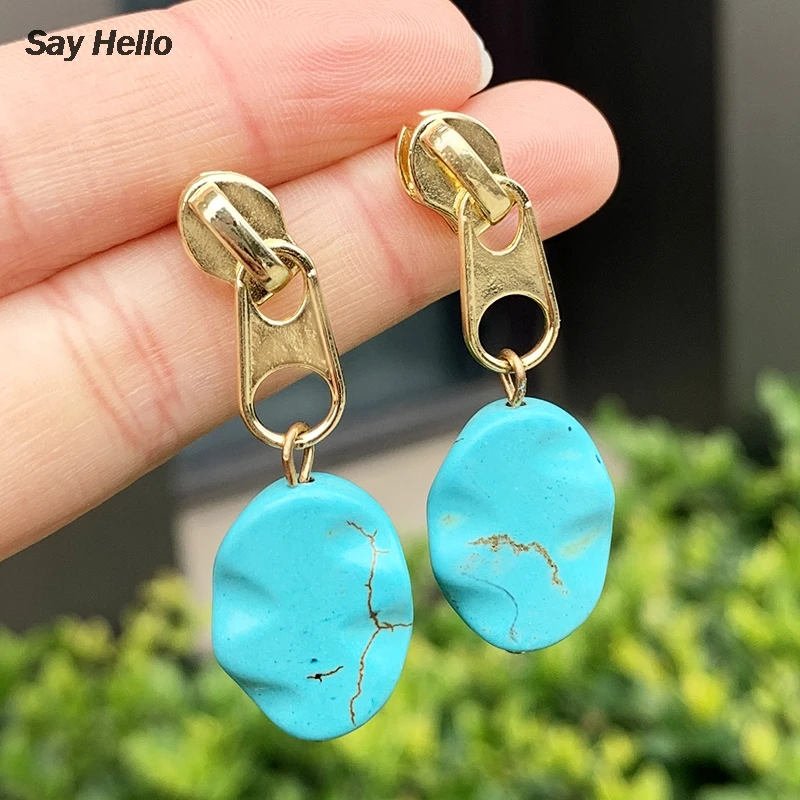 SAY HELLO Fashion Zipper Head Design Turquoises Metal Inlaid Stones Beads Earrings Fine Alloy Jewelry Women E50307 | Украшения и