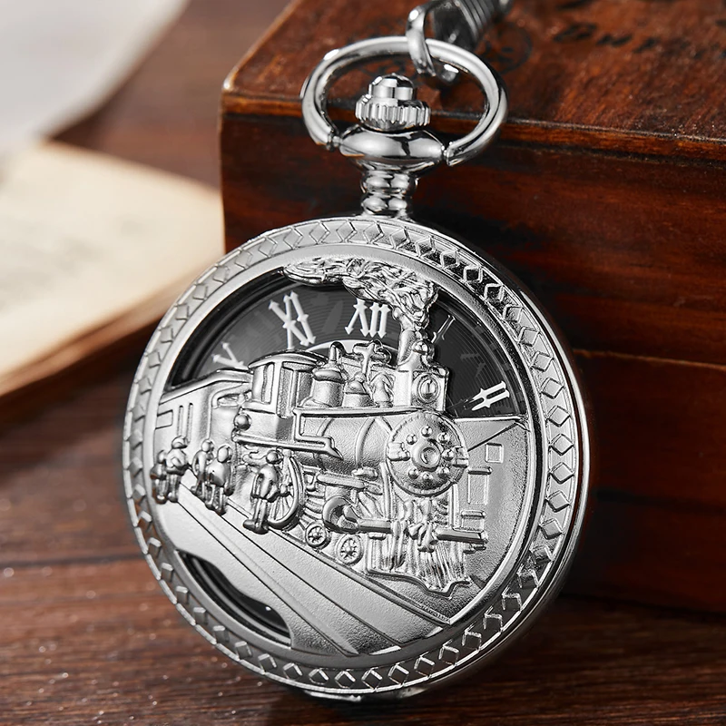 Gold Mechanical Pocket Watch Hollow Steampunk Train Engraved Hand Winding Watch Skeleton Fob Chain Necklace Pendant Clock
