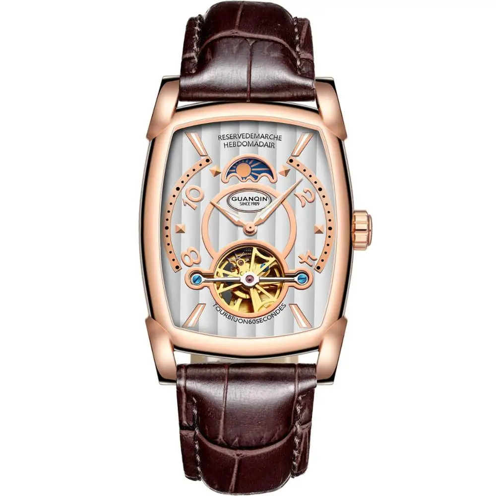 GUANQIN Tourbillon часы Автоматические Брендовые мужские механические роскошные часы Скелет прямоугольник кожа золото мужские часы - Цвет: D