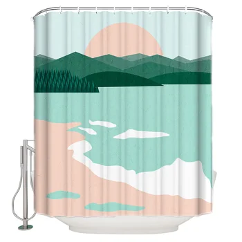 

Green Mountains Clear Water And Sunrise Are Pink And Fresh Shower Curtain Decor with Hooks Waterproof