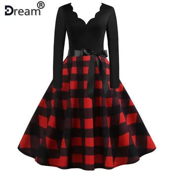 

Women Long Sleeve Plaid Print Winter Dress Casual Black Patchwork Vintage Rockabilly Dress Robe Slim Elegant Party Vestidos 3XL
