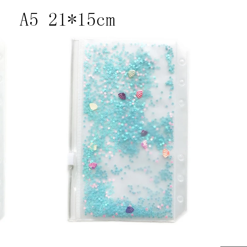 A5 blue A5/A6/A7 записная книжка С ПЕРЕПЛЕТОМ с блокнот со съемными листами на молнии с сумочкой в тон розового цвета с блестками портфель-папка для бумаг сумки 6 отверстий прозрачный ПВХ деловой ежедневник чехол для хранения - Цвет: A5 blue