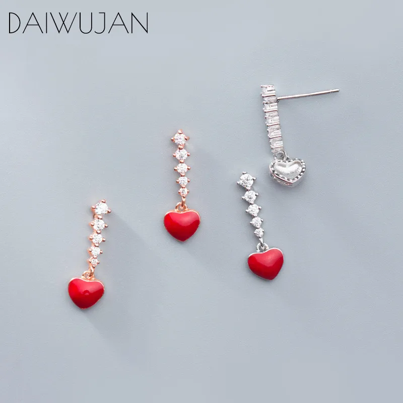 

DAIWUJAN Romantic 925 Sterling Silver Red Heart Pendant Drop Earrings For Women Girl Luxury Crystal Wedding Party Jewelry Gift