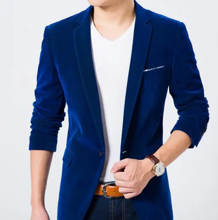 Уличная Мужская модная брендовая Блейзер бархатный Британский Стиль Повседневный приталенный мужской пиджак блейзеры пальто куртка для мужчин - Цвет: Mens Blue Blazer