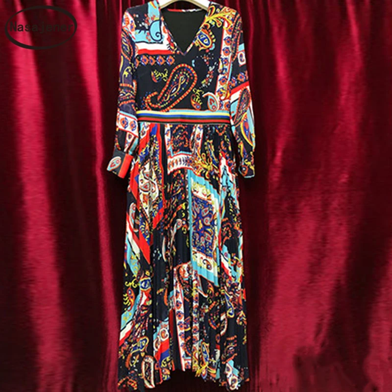 

Early Spring 2020 New Printing Pleated Chiffon Big Swing Elastic Waist Seven Sleeves Collect Waist Tide Models Vacation Dress