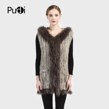 

Pudi VR018 new winter women vest Genuine Knitted Rabbit Fur Vest with Raccoon Fur Hoody Winter long Vest