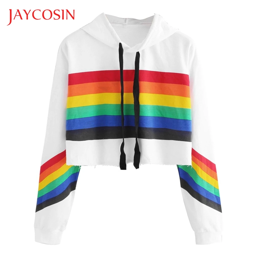 

JAYCOSIN sweatshirt women long sleeve Hoodie Pullover Rainbow Print Crop Tops Sweatshirt women Top kawaii clothes girl wholesale