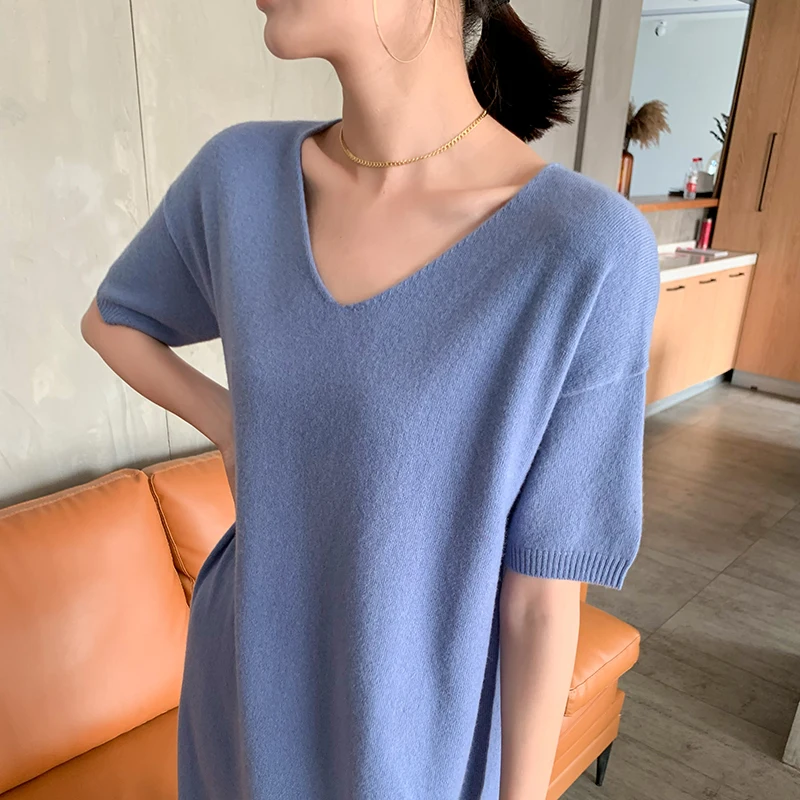 High-End Cashmere V- Neck Women Casual Long Knees
