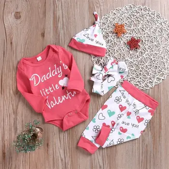 

Spring Casual Newborn Baby Girl Letter O-Neck Bodysuit Tops＋ Pants Legging＋ Haedband Hat Outfit Clothes Set