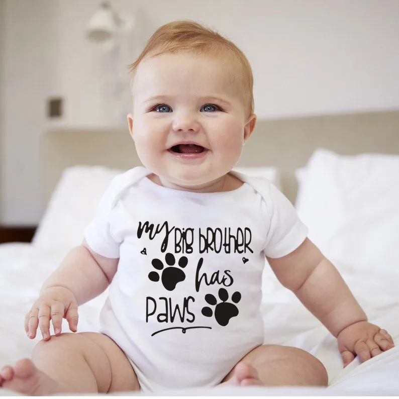 

2021 Summer Newborn Jumpsuit My Big Brother Has Paws Funny Infant Bodysuit Baby Boy Girl Kids Letter Print Playsuit Clothes