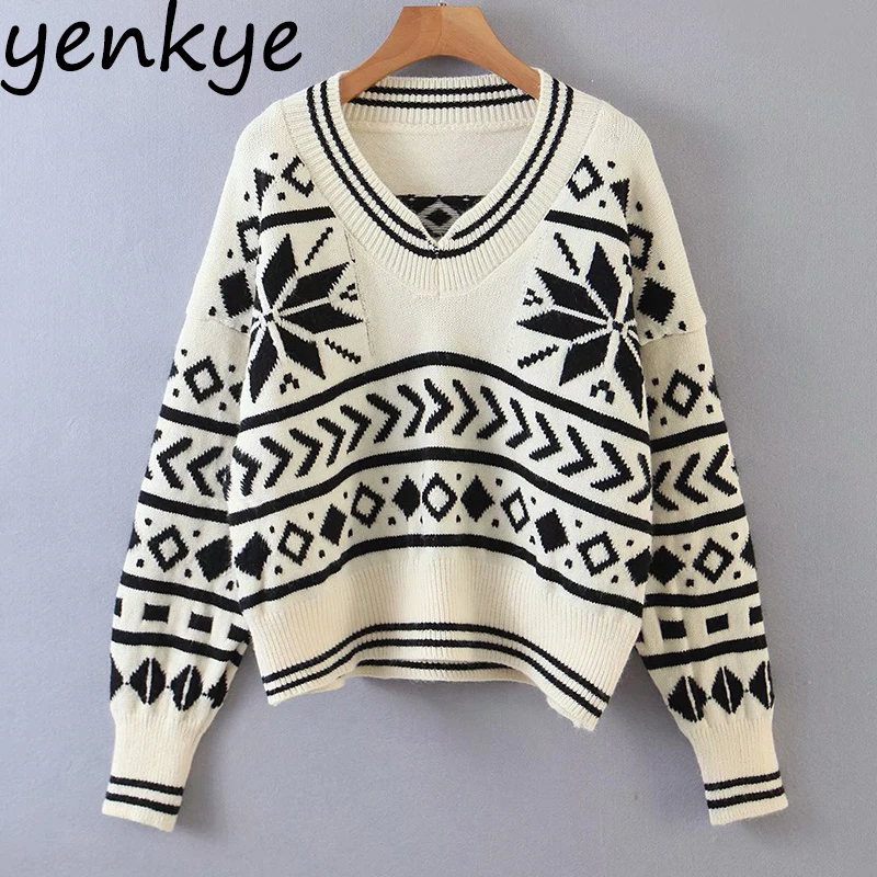 Vintage Jacquard Pullover Sweater Women Long Sleeve V Neck Casual Loose Autumn Christmas Jumper Plus Size Tops XQB2537 | Женская одежда