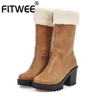 

FITWEE 4 Color Women Winter Warm Mid Calf Boots Platform Chunky Heels Casual Daily Short Boots Round Toe Footwear Size 34-43