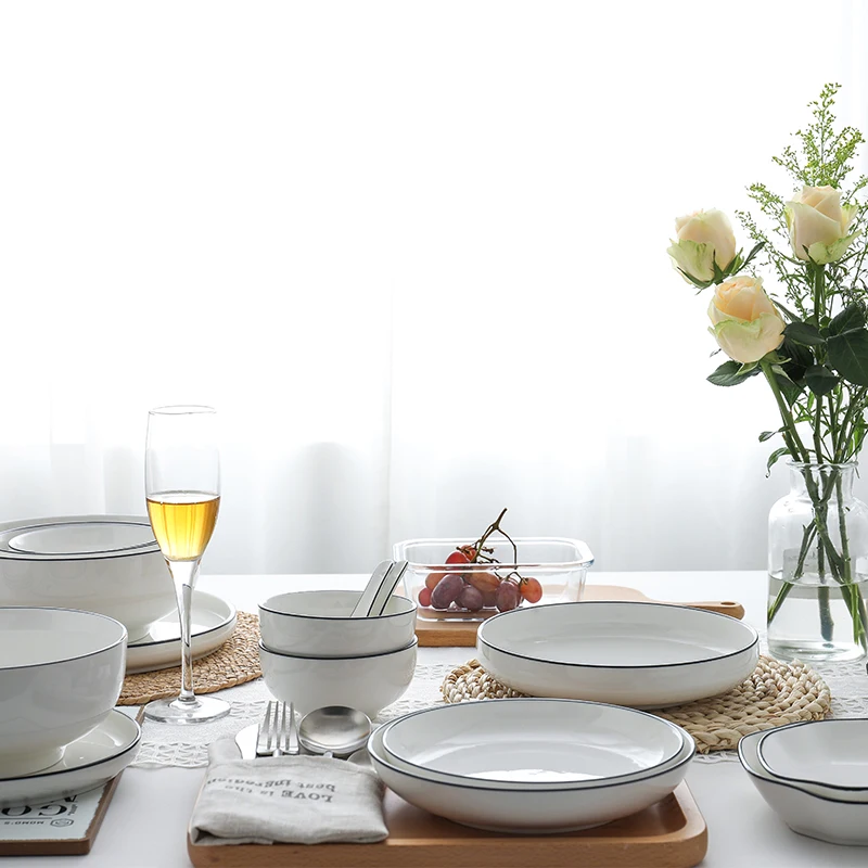 Black Rim White Ceramic Dinner Tray, Kitchen Plate, Tableware, Food Dishes, Soup Bowl, Kitchen Cook Tool, 1 Piece Sale