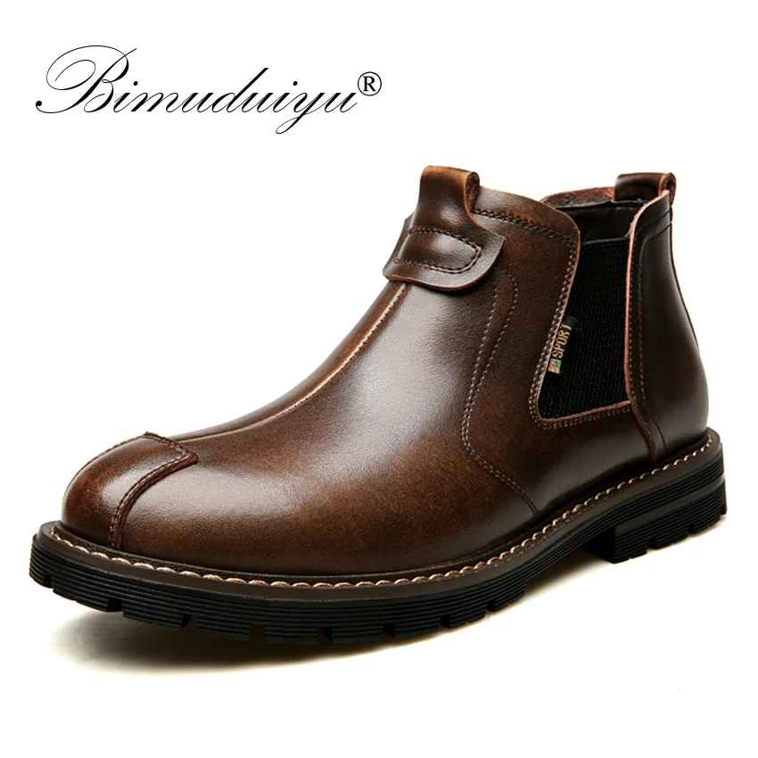 

BIMUDUIYU Mens Chelsea Boots GenuineLeather Autumn Shoes Retro Ankle Boots For Men Casual Winter Quality Slip On Botas Man