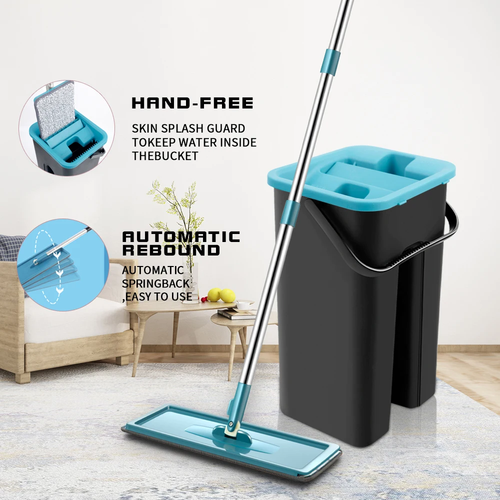 Squeeze Mop And Bucket Hand Free Flat Floor Self Cleaning Microfiber Mop Pads US 