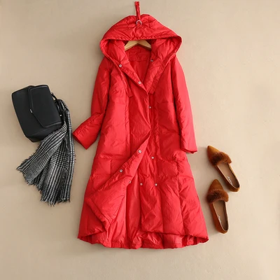 Зимний длинный пуховик Женская парка пальто с капюшоном модное повседневное толстое теплое пальто Высокое качество 90% белый гусиный пух пальто - Цвет: Red