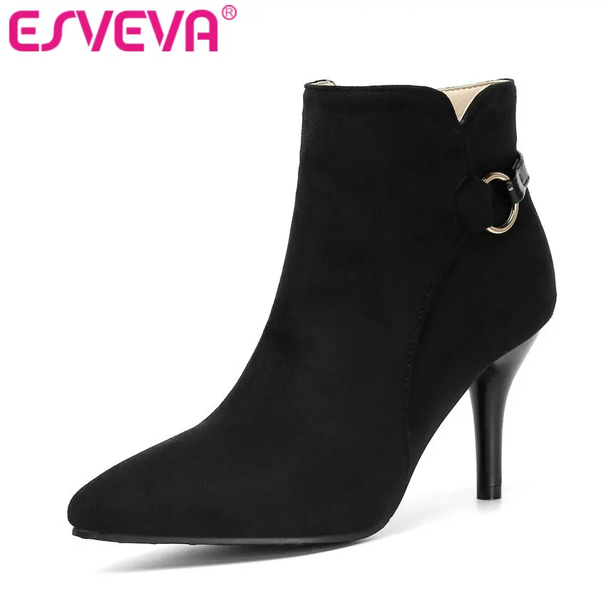 

ESVEVA 2020 Women Shoes Winter Ankle Boots Fashion Thin High Heel Flock Pointed Toe Motorcycle Platform Boots Size 34-43
