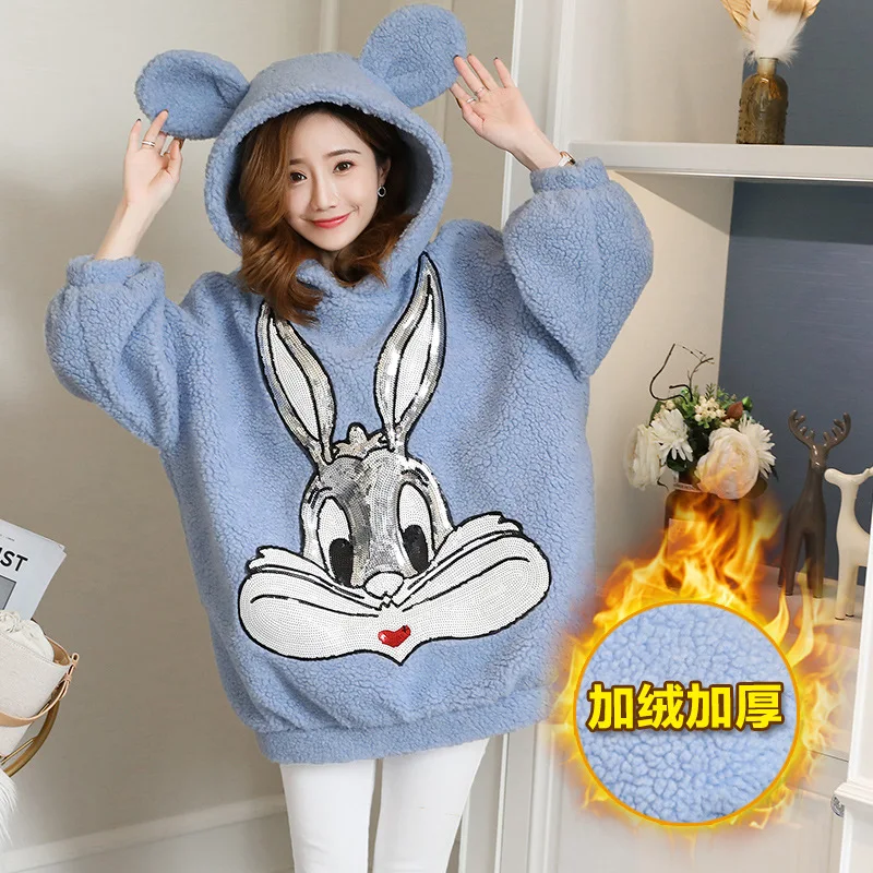 

Winter New Style Cartoon Embroidery Ear Hooded Berber Fleece Thick Large Size Tops Hoodie Fashion Loose Maternity Clothes