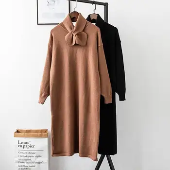 

Knitted Sweater Dress Bow Autumn Winter New Solid Color Loose Large Size Dresses