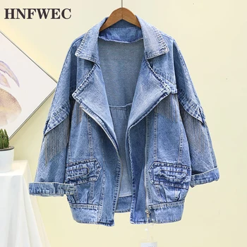 

] Vintage Full Sleeve Chain Tassel Loose Women Denim Jacket Fashion Leisure Trend Coat Feminino Korea 2019 Autumn New L634