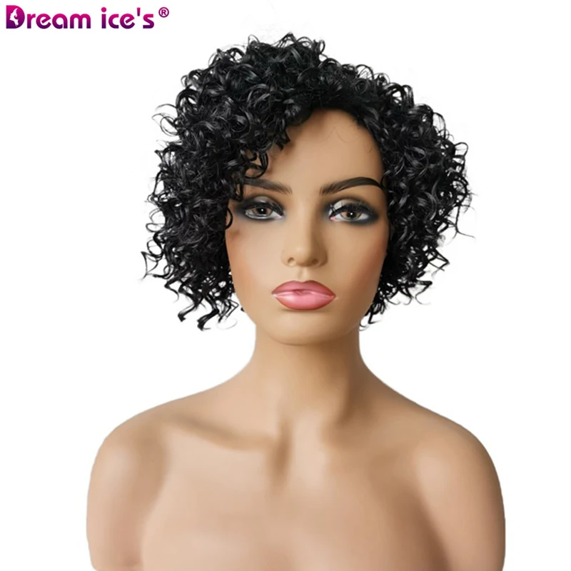 Short Black Kinky Curl Synthetic Wigs For Women Side Part Natural Curl Hair High Temperature Fiber Cosplay Daily Wig Dream ice's