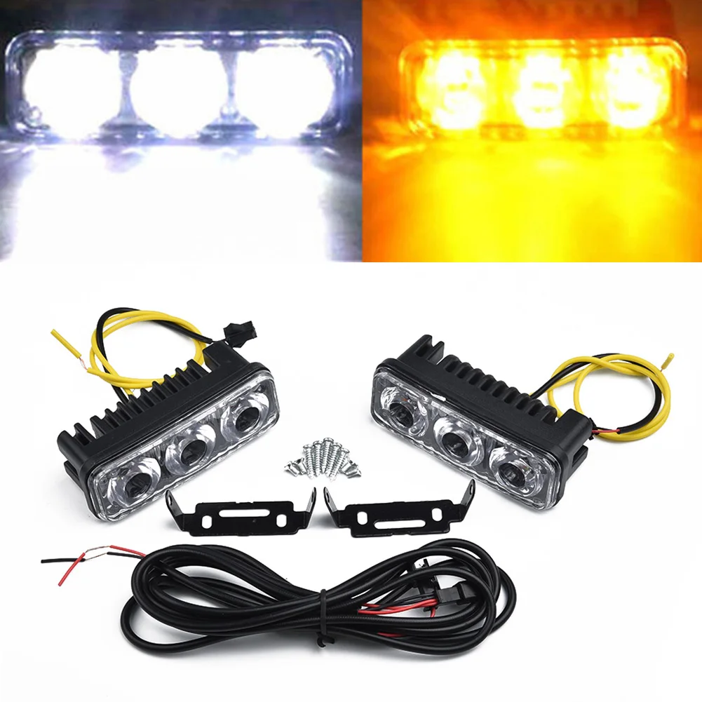 2pcs 3Led DRL Âmbar Turn Signal Front Fog Lamp Branco Car Daytime