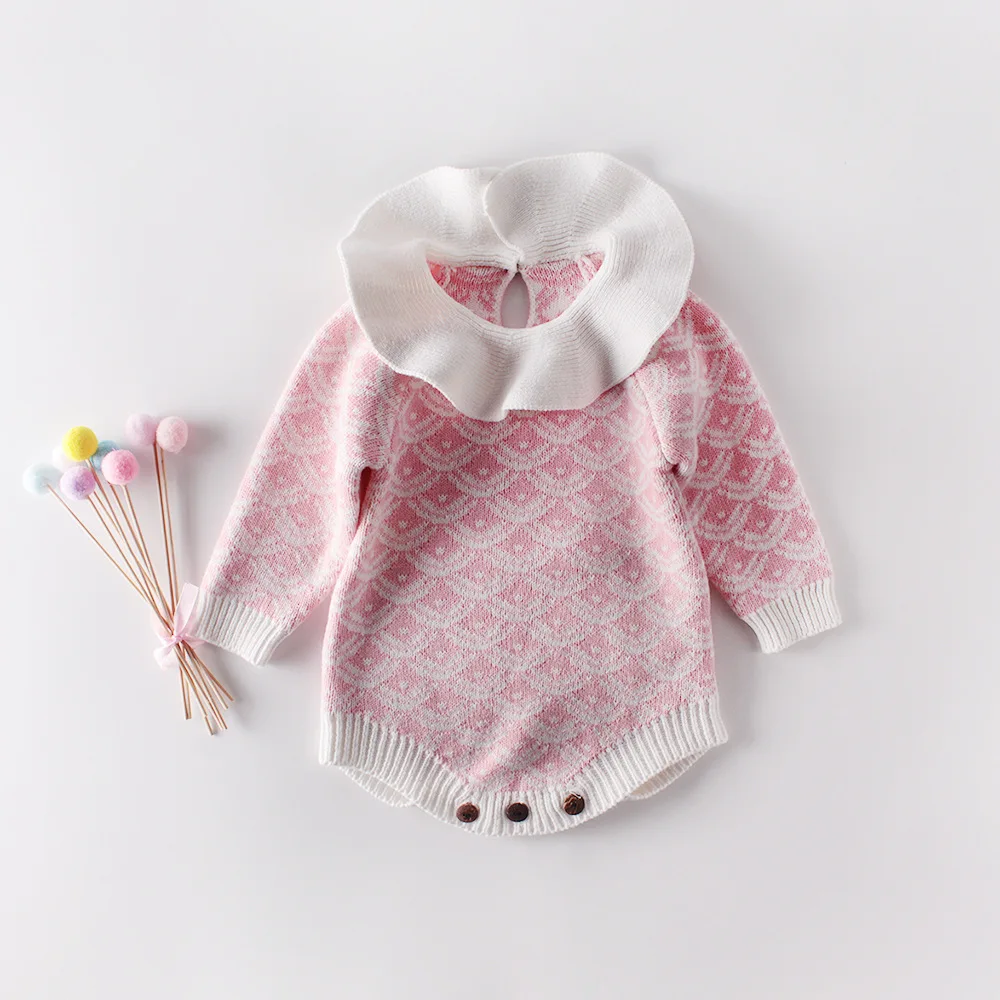 Детский трикотажный комбинезон; цвет белый, розовый; воротник с оборками; милые детские комбинезоны для малышей