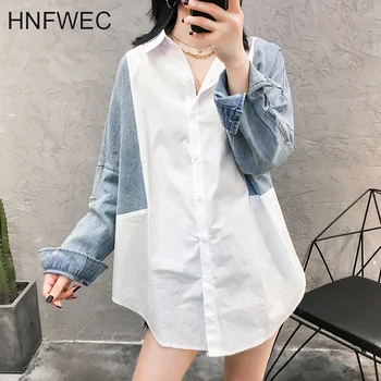 

2019spring Autumn New Pattern Lapel Long Sleeve Single Breasted Denim Patchwork High Street Shirt Women Fashion Tide W332