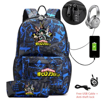 

2 pcs/lot My Hero Academia school bag canvas backpack with Pencil case usb charging shoulder bag Laptop sports Mochilas