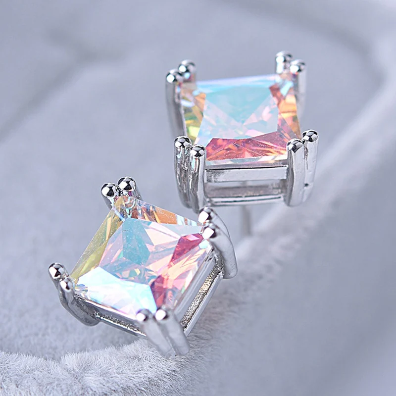 1 пара геометрический Циркон с радужным блеском серебряные серьги-гвоздики цвет Классический Четыре Коготь квадратный треугольник Женская Сережка-гвоздик ювелирные изделия