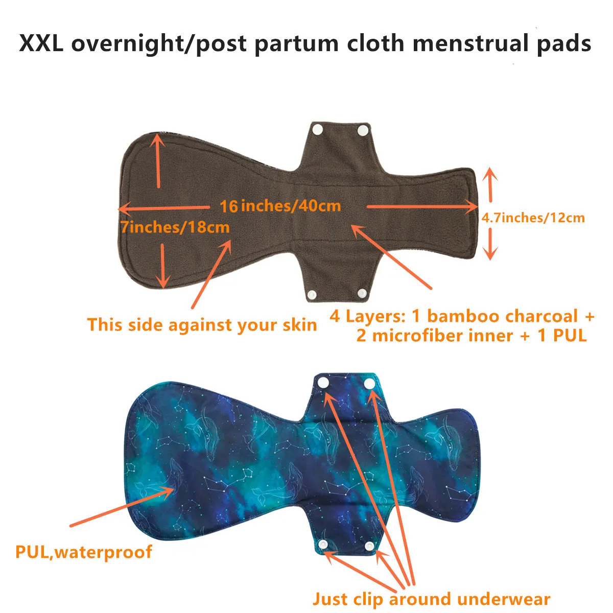 [Sigzagor]1 XS Long Panty Liner XXL Cloth Menstrual Pad Bamboo Charcoal Sanitary Reusable Washable