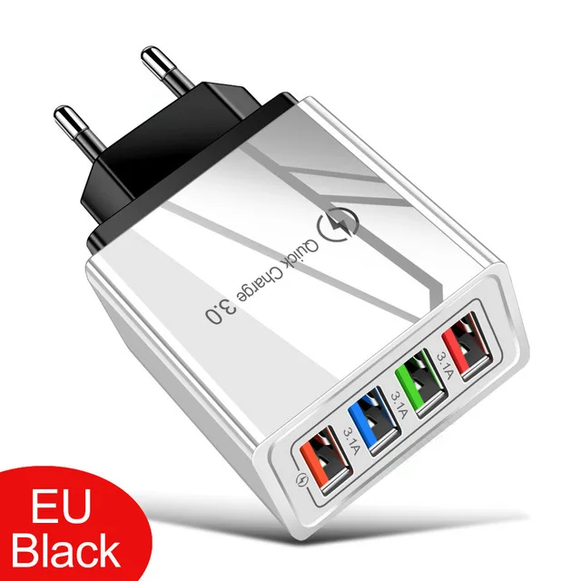 QC 3,0 Быстрая зарядка 4 USB мульти-порт 5 В/9 В/12 V смарт, для путешествий, для мобильных телефонов, зарядное устройство мобильного телефона нормами США Европейский стандарт 3A Быстрая зарядка - Цвет: Black