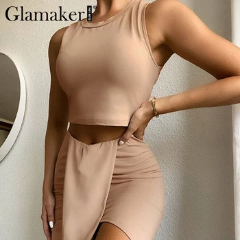 

Glamaker Sexy sleeveless 2 piece suits short dress Women crop top and skirt sets Elegant party club summer autumn bodycon dress