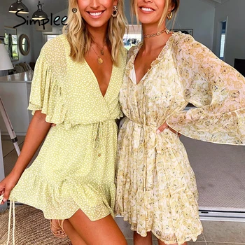 

Simplee Sexy v-neck women chiffon dress Polka dot ruffled sash summer dress Boho casual holiday beach wear buttons beach dress