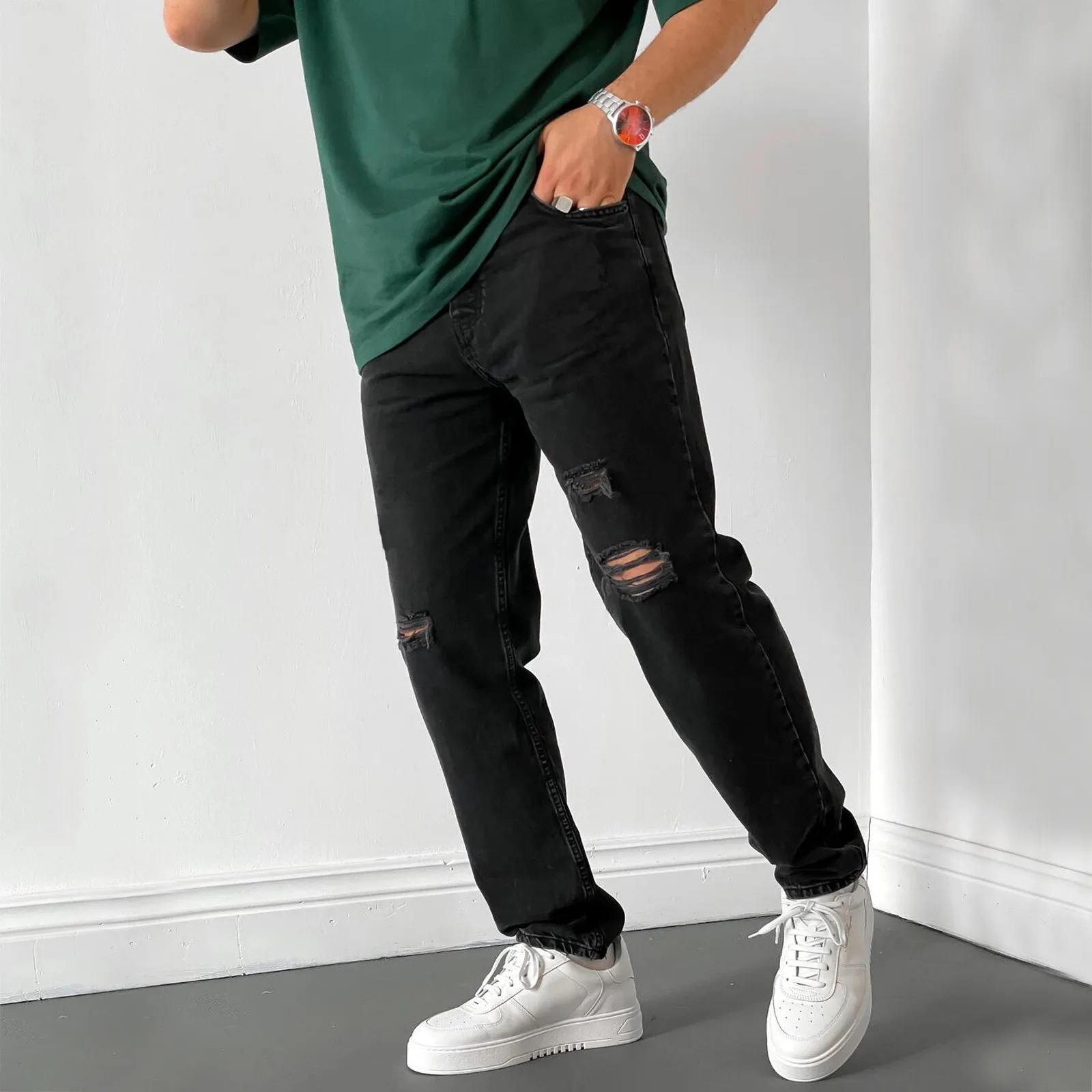 New Fashion Men's Casual Solid Hole Denim Pencil Pants Zipper Fly Pocket Jeans Straight Pants Trousers джинсы для мужчин 2