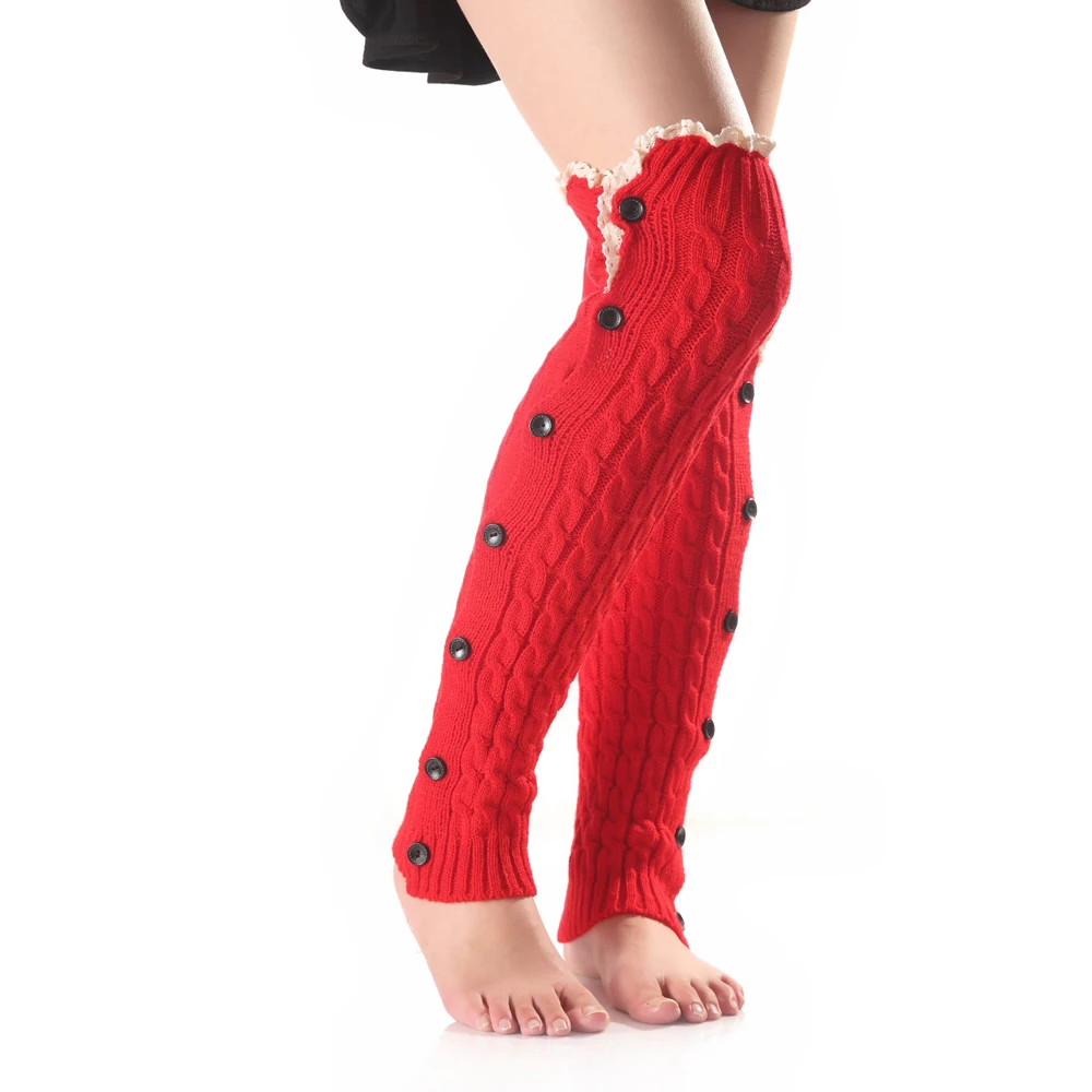 2 Pairs New Women Solid Knit Winter Warm Button Lace Ladies Leg Warmers Knee High Leg Girls Soft Warm Knitted Boot Cuffs Socks - Цвет: Красный